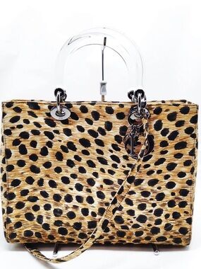 Christian Dior Lady Dior Leopard Print Canvas Tote w/ Clear Handles